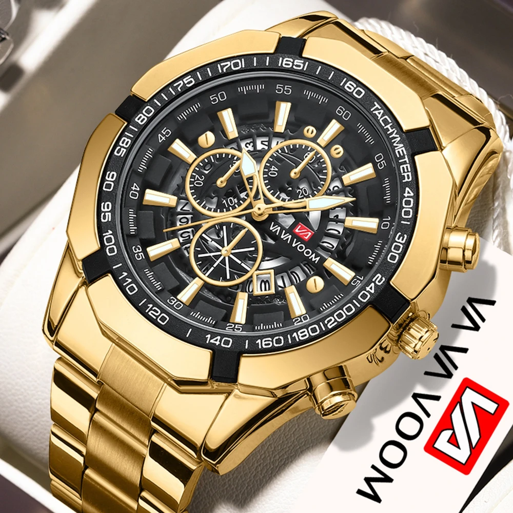 

VA VA VOOM 2383 Steel Strip Men's Watch Luxury Fashion Luminous Waterproof Calendar Chronograph Watches for Men Reloj Hombre