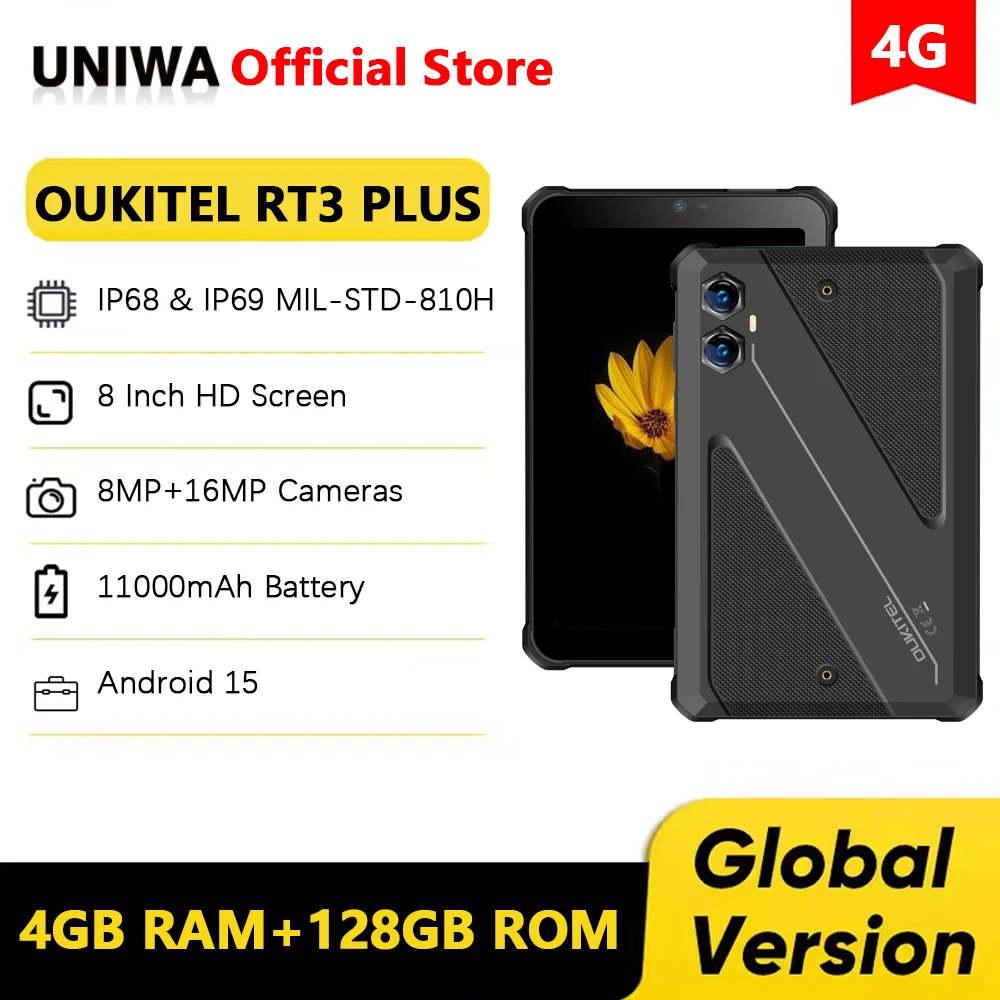 Oukitel RT3 PLUS 4G Rugged Tablet 8 Inch HD 16GB (4+12)+128GB Smart Pad 11000mAh 16MP IP68 &IP69K Tablet PC Android 15 NFC