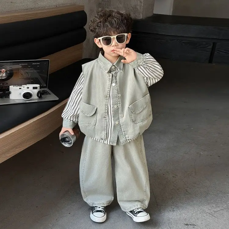 Boys' Spring and Autumn Set 2026 New Style Children's Cool Handsome Shirt Vest 3-Piece Set Little Boys' Casual Clothes