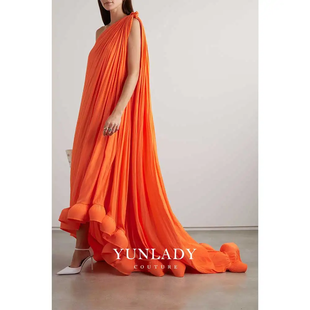 YUNLAN One-Shoulder Sleeve Pleated Orange Dubai Women's Evening Gown Wedding Silk Chiffon Arabian Wedding Party Maxi Gown