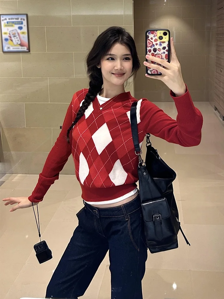 

Корейский свитер с V-образным вырезом для женщин, зимняя верхняя одежда, базовый слой, высококачественный облегающий вязаный свитер с ромбовидным узором, для повседневной носки