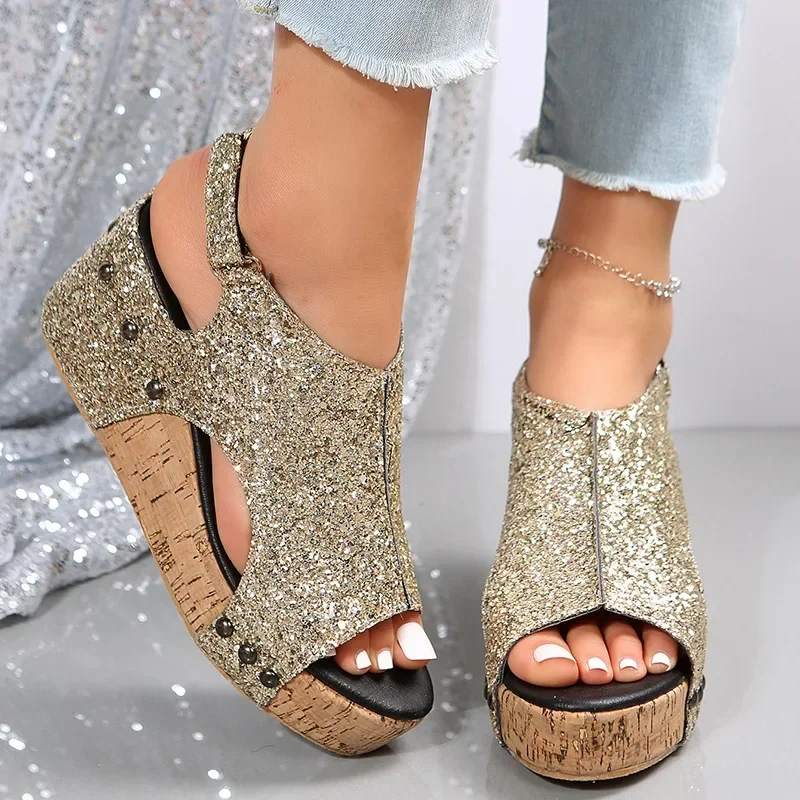 Women Summer Wedges Pumps High Heels Platform Wedge Sandals High Heel Fish Mouth Retro Women Platform Sandals Size 43 Sandalias