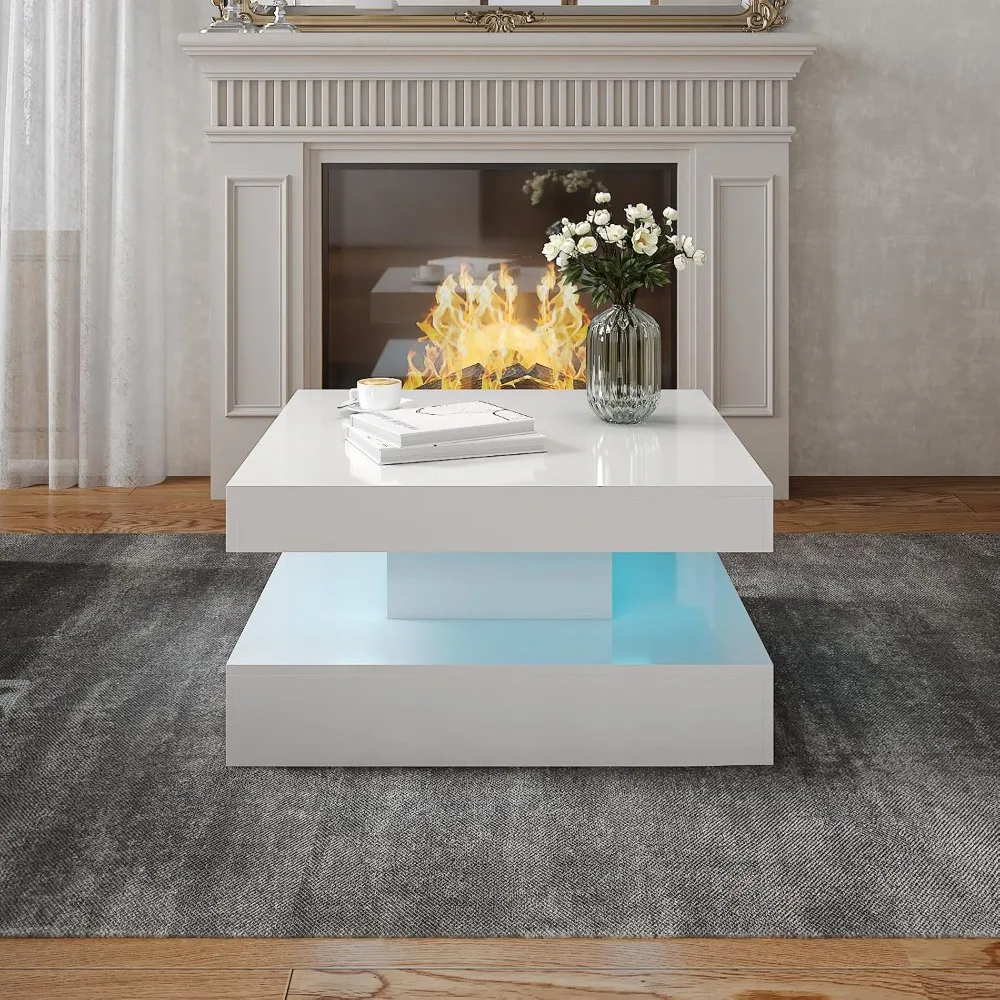 طاولة قهوة LED بيضاء لغرفة المعيشة، طاولة مركزية مربعة من طبقتين، طاولة غرفة المعيشة، قهوة خشبية عصرية عالية اللمعان