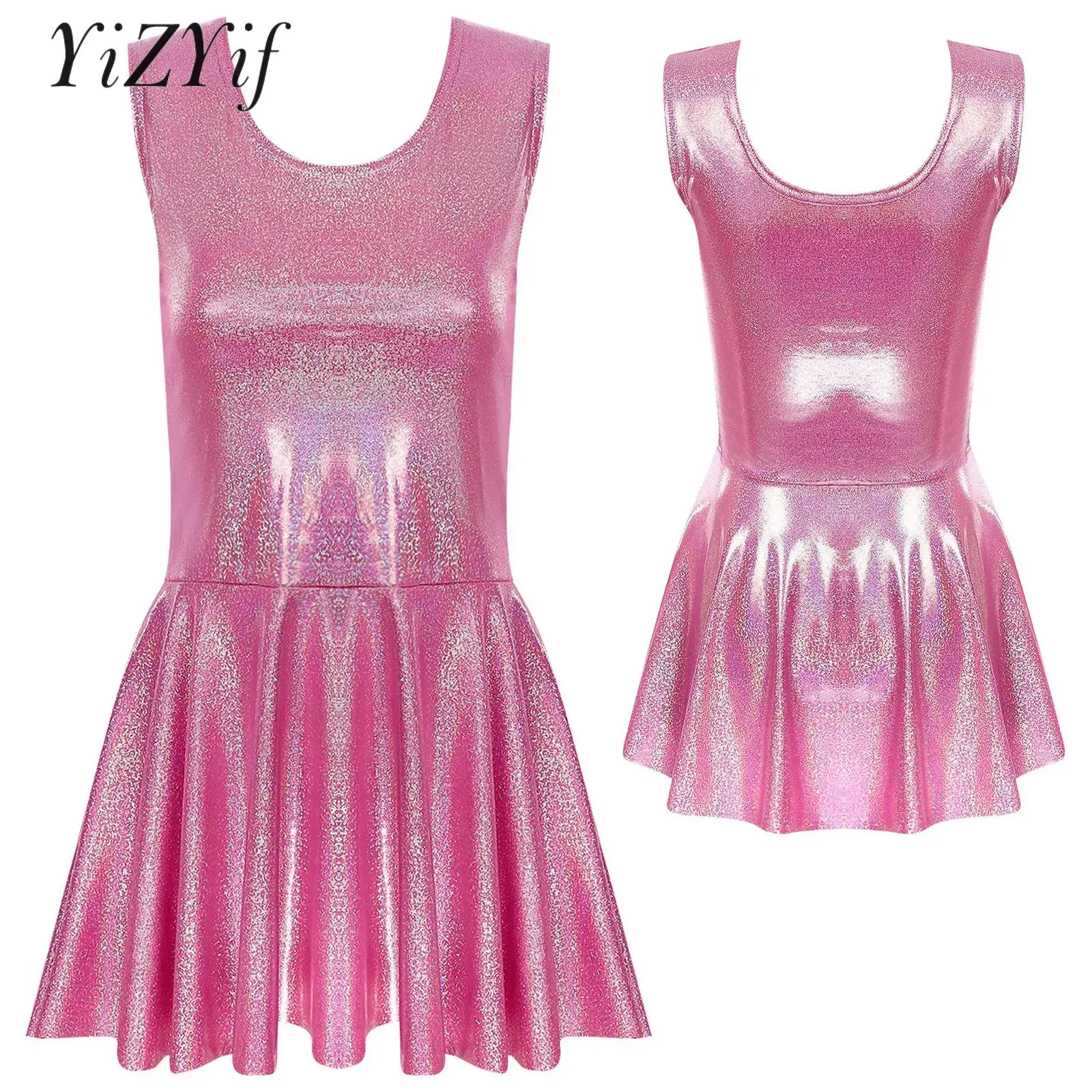 

Cheerleading Dance Performance Tank Dress Womens Metallic Sundress Sleeveless Dancewear for Ballet Jazz Team Practice Costume