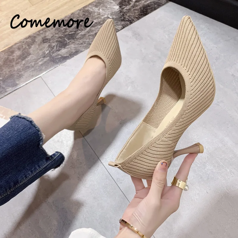 Comemore Comfortable Stilettos Dress Women\'s Shoes Spring 2023 Trend New Pointed High Heels Fashion Knitted Pumps Knitted Shoe