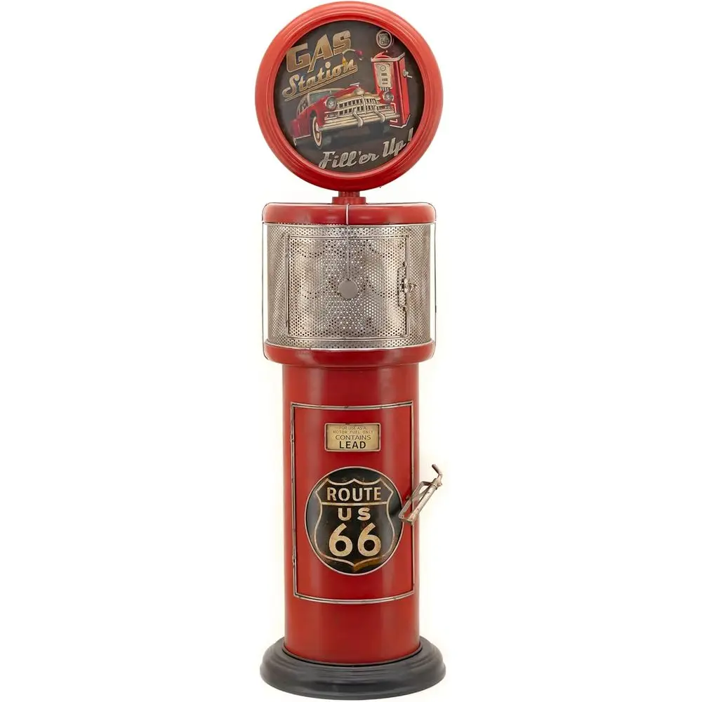 

LED-lit Vintage Gas Pump Wine Rack, Route 66 Theme, 70.5 Tall Metal Cabinet, Red