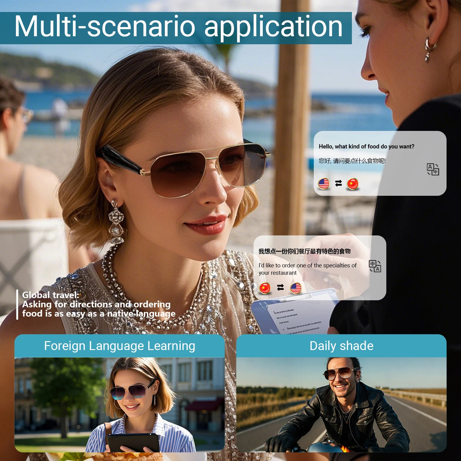 Gafas inteligentes GY100 más de 100 idiomas en línea AI traducción automática de diálogo gafas Bluetooth con altavoz protección UV deportiva