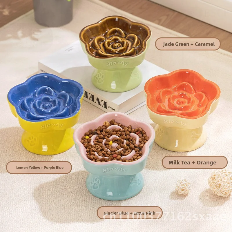 

Ceramic Pet Slow Food Bowl with High Foot Anti-Choking Design for Small Dogs And Cats Slant Bowl for Neck Protection Available