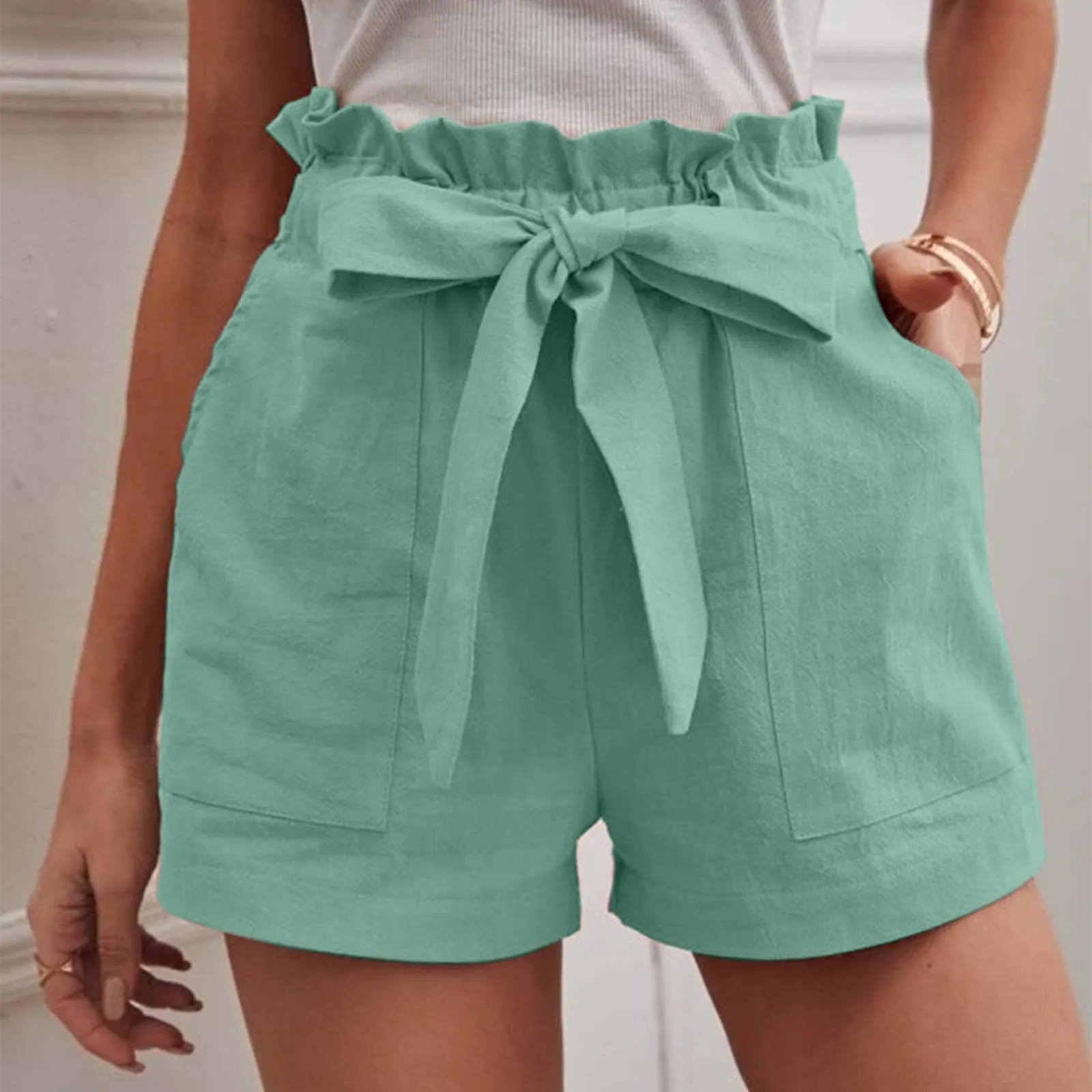 Stylish Solid Color Shorts For Women Summer Pocket Drawstring Casual Short Pants Female High Waist Lace Up Daily Short Pants