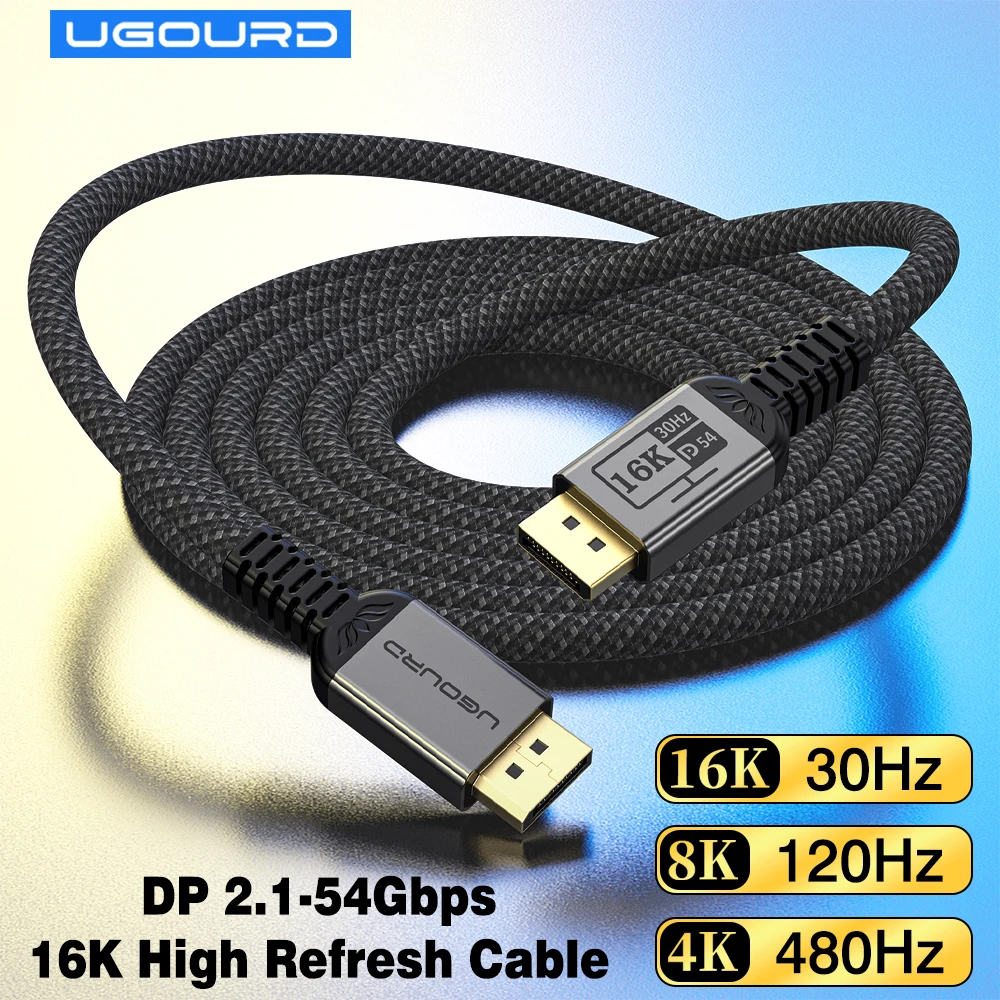 UGOURD DP54 DisplayPort 2.1 Cable 54Gbps 16K@30Hz 10K 8K120Hz 4K 480Hz UHBR13.5 HDR10 DSC 1.2a for RTX 5090 Gaming Monitor 1m-3m