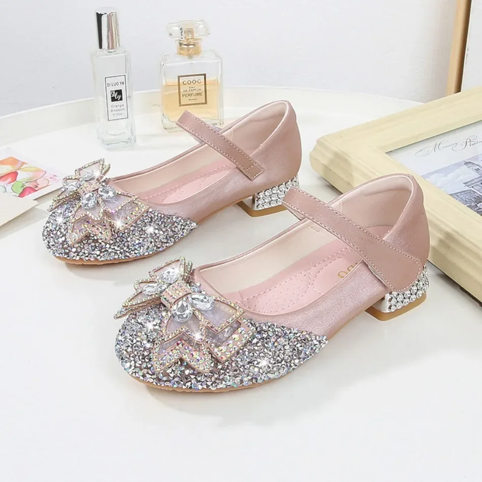 Cute Autumn Princess Shoes for Girls Fashion Elegant Party Wedding Show Shoes Butterfly Knot Glitter Children\'s Shoes with Heels