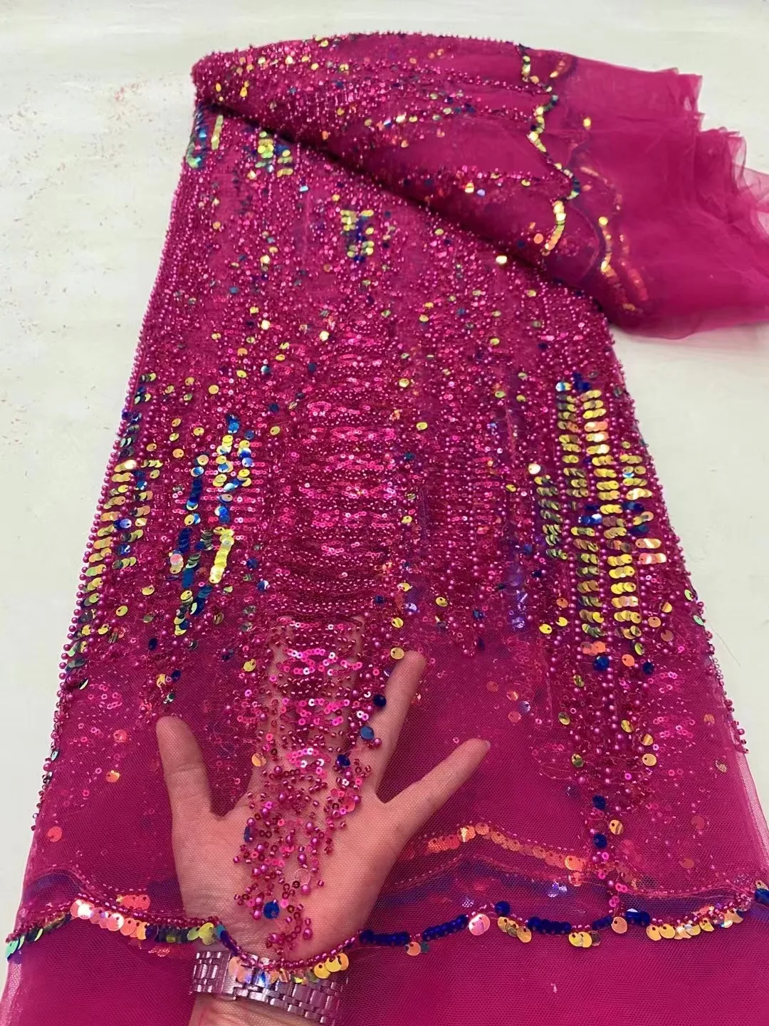 

Hoh Lace High Quality 2024 Beaded Lace Fabric Luxury Embroidery African Fabric Purple Orange Sequin Fabric Women's Evening