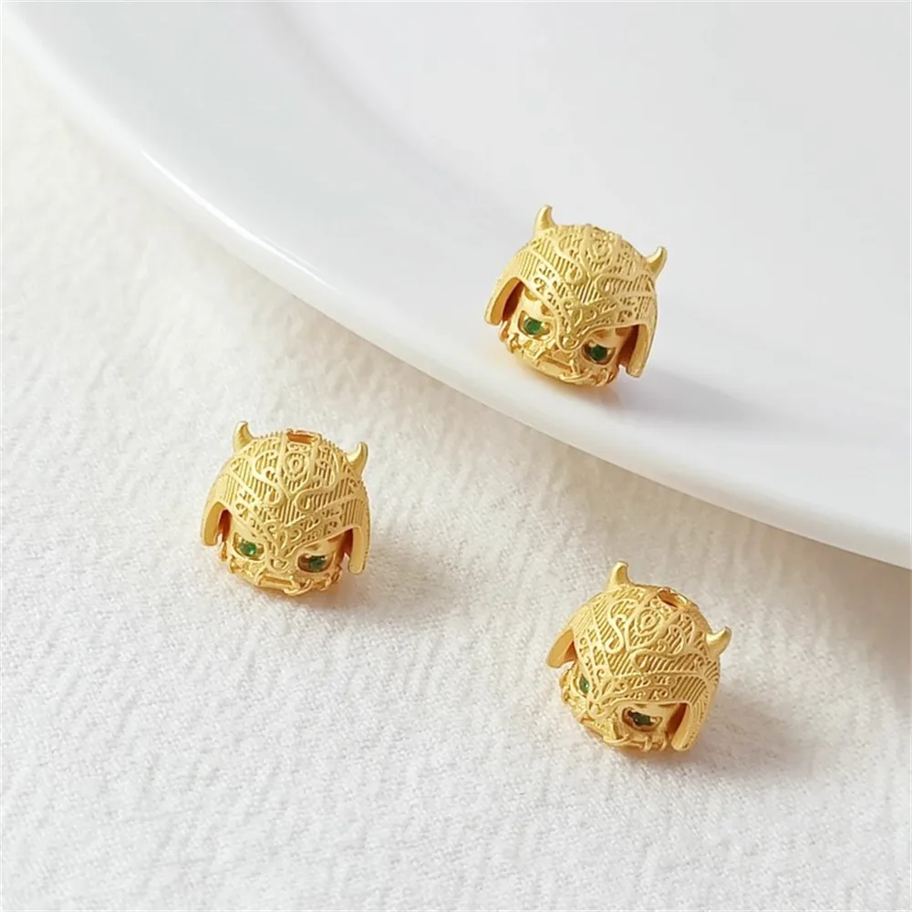 18K Ancient-style Gold Inlaid Zirconium Dai Helmet Skull Armor Through-hole Handcrafted DIY Beaded Bracelet Waist Bead Accessory