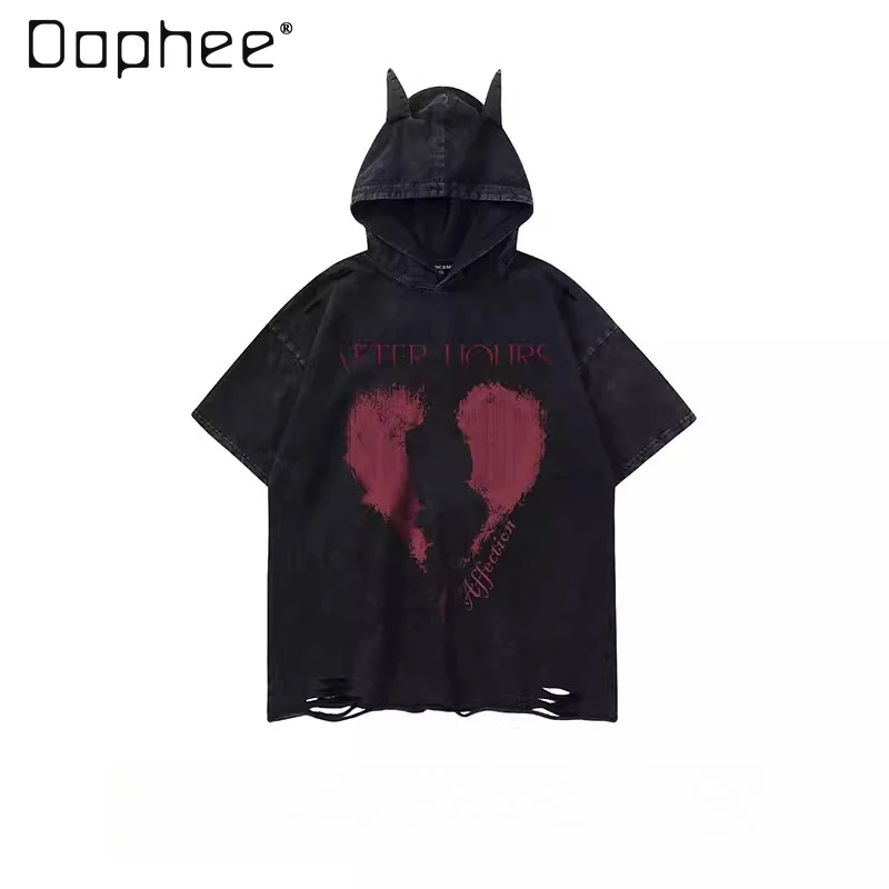 Summer New American Dark Street Style Men's Black and White Heart Print Loose Casual Ripped Hooded Short-sleeve T-shirt