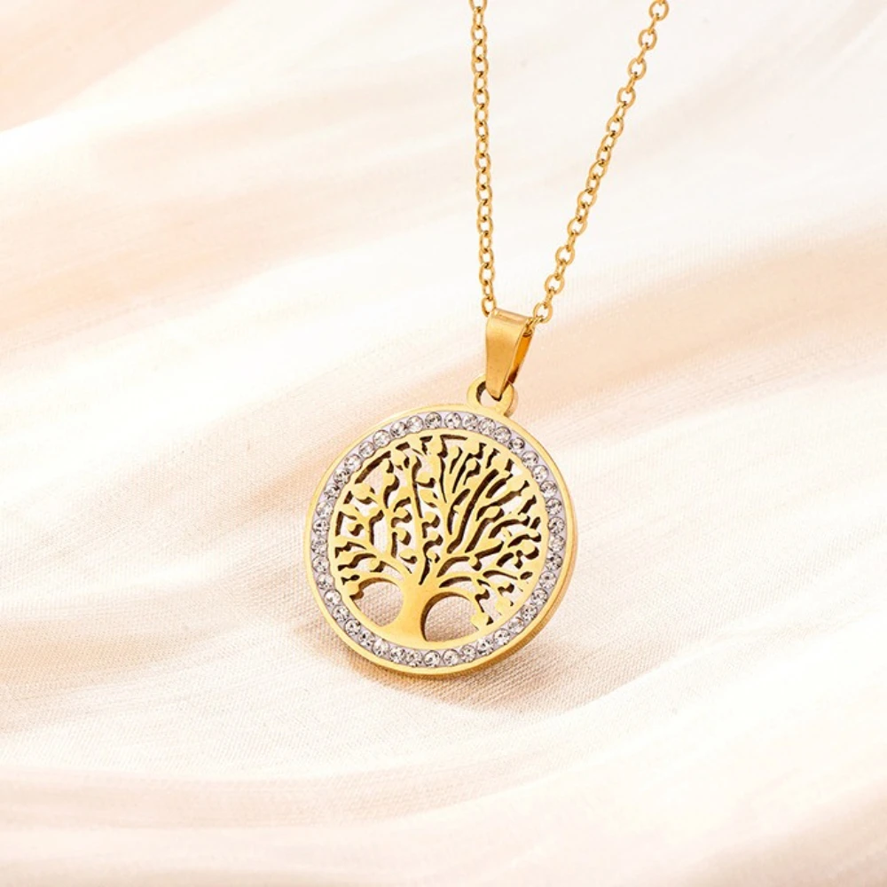 Luxury Stainless Steel Hollow Inlaid Zircon Tree of Life Pendant Necklace for Women Clavicle Chain Fashion Jewelry Wedding Gift