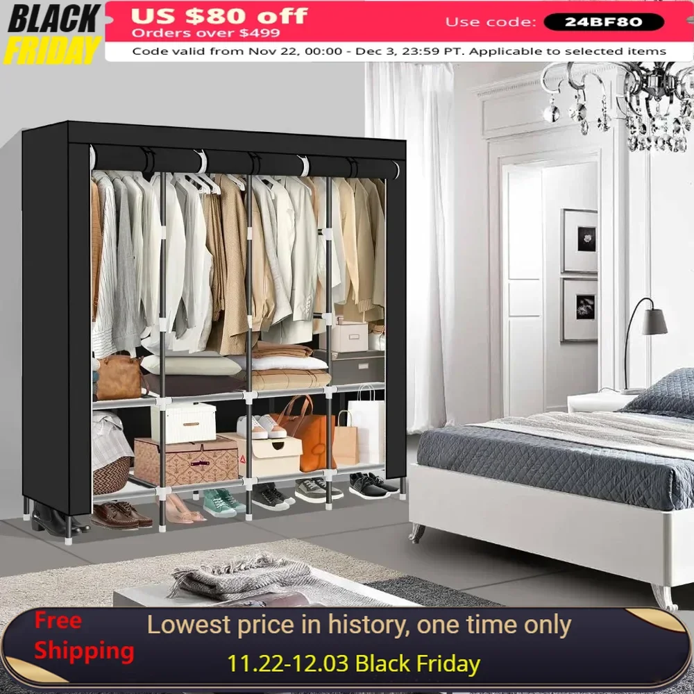 

Portable Closet Diameter Portable Closets Hanging Clothes Black 4 Hanging Rods 8 Storage Shelves Non-Woven Fabric Wardrobe