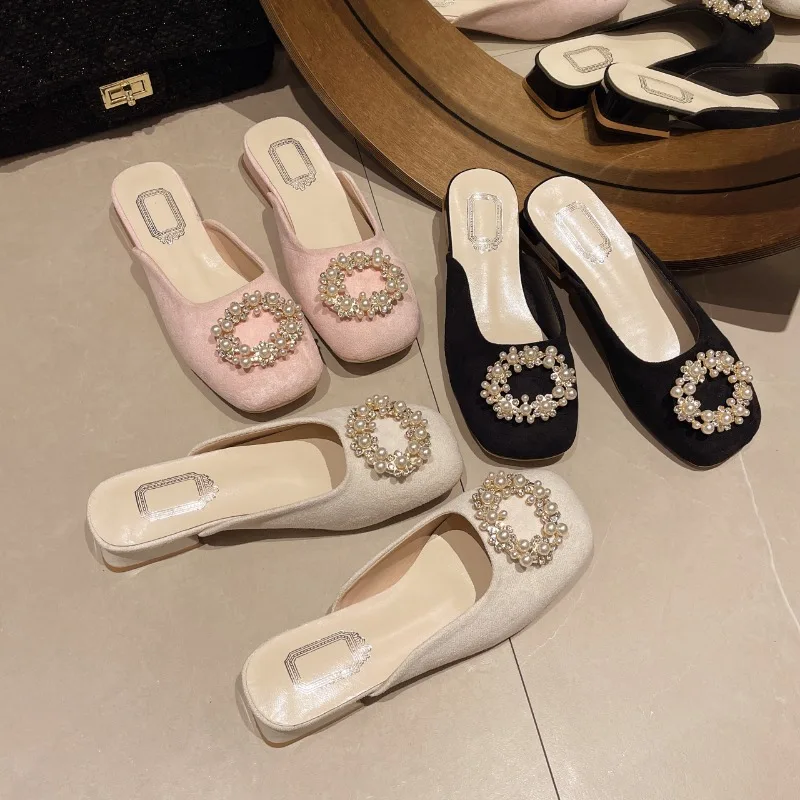 2024 Fashion Low Cover Toe Glitter Girl Soft Luxury Shoes New Style Slippers Flat Mules for Women Slides Flip Flops Lady Loafers