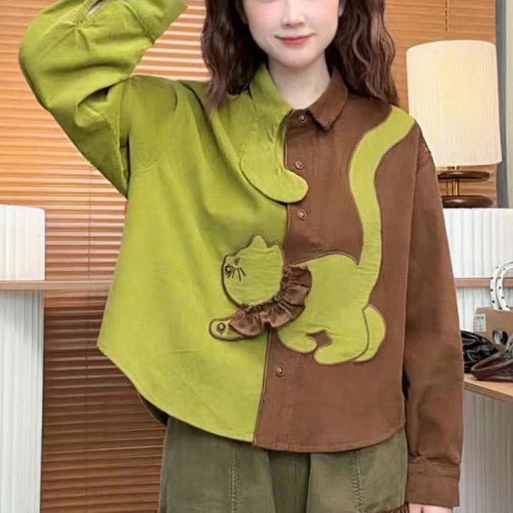 

Рубашка из вельвета с вышивкой, с длинным рукавом, в стиле ретро, универсальная, для создания иллюстраций, с эффектом омоложения, свободного кроя