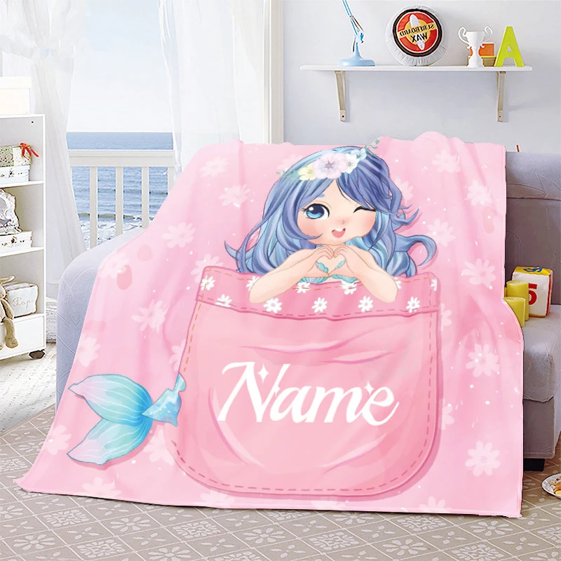 Kawaii Mermaid Blanket Cute Cartoon Animal Custom Name Blankets Super Soft Comfy Flannel Personalized Gifts for Girl Daughter