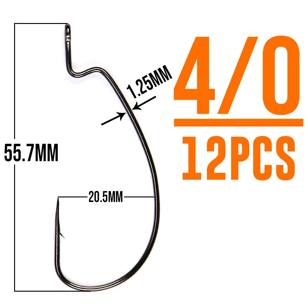 B&U Thin Wire Offset EWG Worm Hook mit großen Ringen, Kurbelhaken aus Kohlenstoffstahl, Angelzubehör für Soft Lure Tackle, 12 Stück