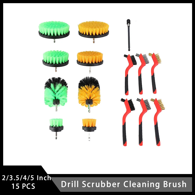 

Drill Scrubber Cleaning Brush 15 Pcs with Wire Brush for Cleaning Car Wheel Floor Tub Shower Tile Blinds Sills Vents Sinks