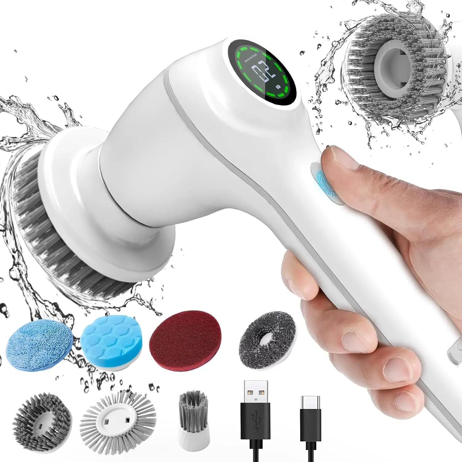 Electric Spin Scrubber, Cordless Cleaning Brush with 8 Heads, Bathroom & Kitchen Cleaner (White, SX828)