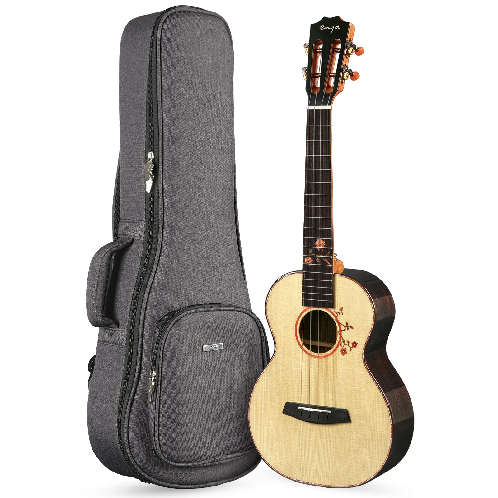 Ukulele de Concerto com Tampo de Abeto Sólido e Fundo e Laterais de Jacarandá Sólido, Ukulele de Alto Brilho com Bolsa Premium Tenor Uku