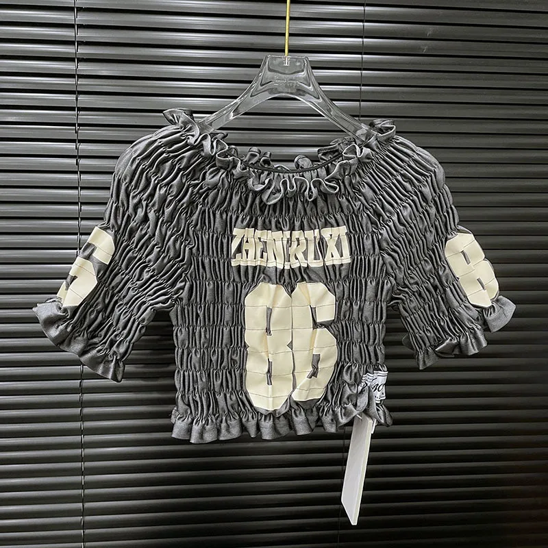 DEAT أزياء المرأة مطوي تي شيرت مطاطي الإناث المتخصصة تصميم إلكتروني طباعة التباين اللون قصيرة الأكمام أعلى الإناث 11A05035