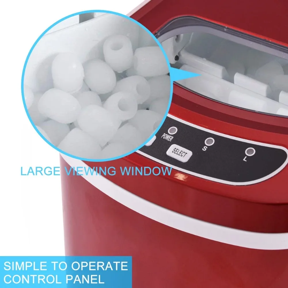 Máquina de hacer cubitos de hielo eléctrica compacta y portátil, Mini Cubo de 26LB por día, máquina para hacer cubitos de hielo, cocina de guijarros, bar, Rojo