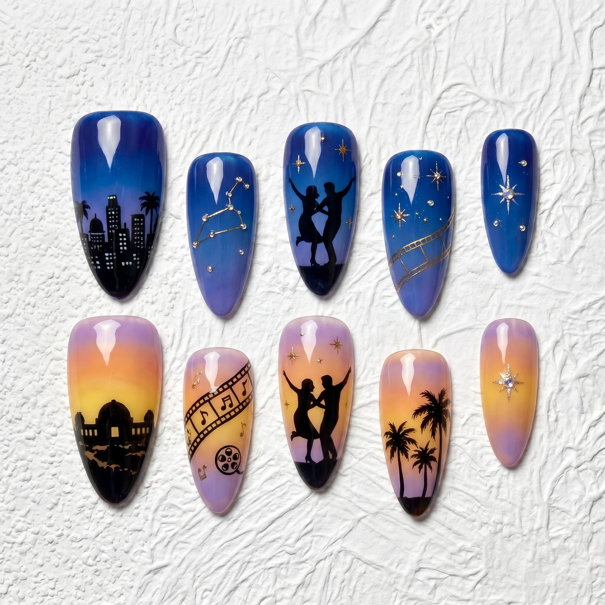 Artisan Handcrafted 10PCS Romantic Almond Cinematic Romance Nails | Silhouettes, Stars, Rhinestones, Date Night Salon Finish