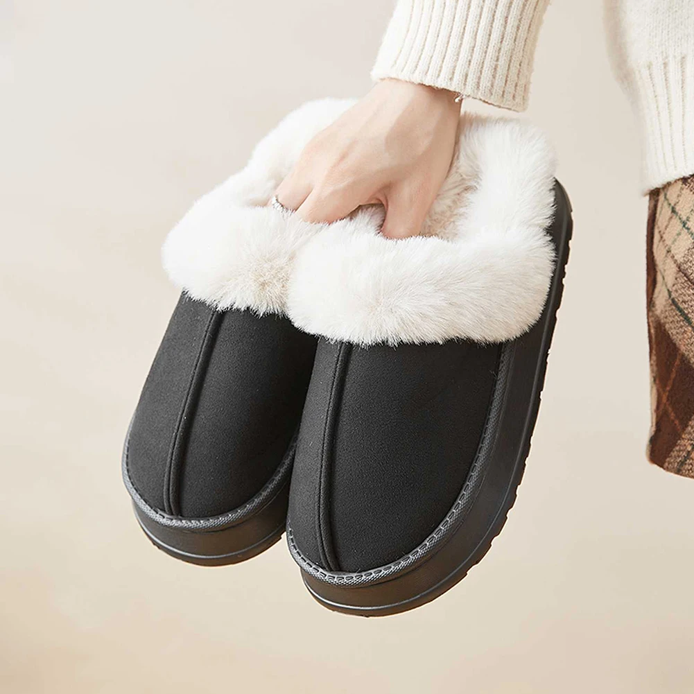 Women Plush Slippers Fluffy Home Slippers with Faux Fur Lining Low Top Snow Boots Comfortable Cloud Platform Slippers for Women