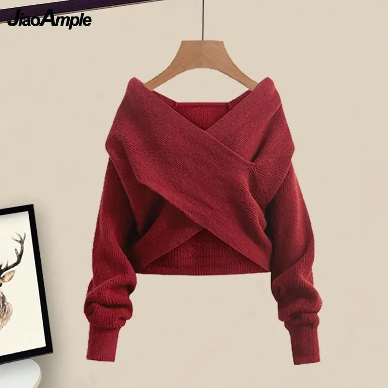 Feminino 2025 outono/inverno nova moda em conjunto de correspondência coreano elegante camisola de malha + undershirt + saia casual calças terno de 3 peças