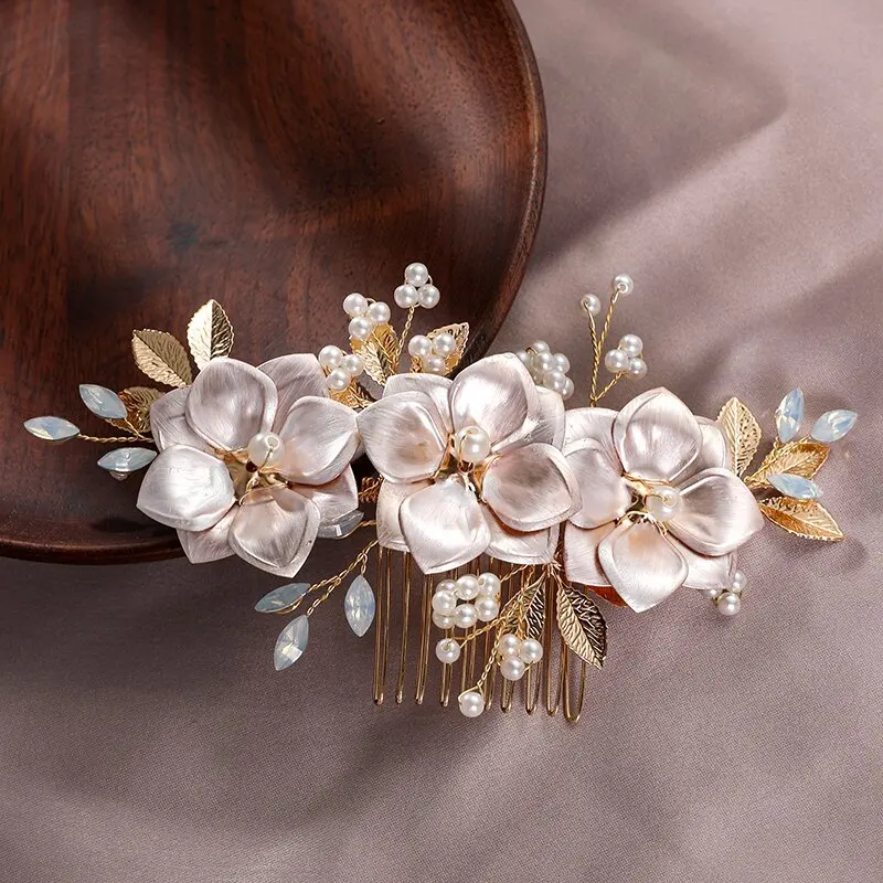 Silver Color Hair Comb Bride Tiaras Headdress Floral Pearl Hairpin Girls Prom Crown Wedding Hair Jewelry Party Gift For Women