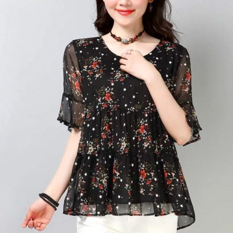 Summer Top Oversized Floral Print Casual Fashion Chiffon Blouse Female Flare Short Sleeve Loose All-match Pullover Shirt Women