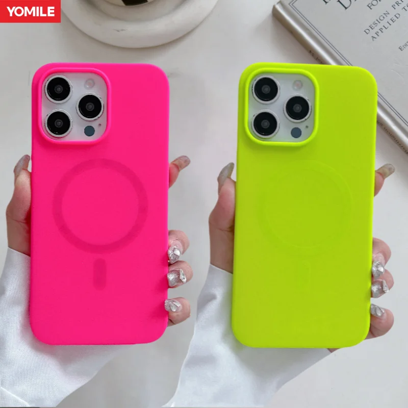 Funda magnética de silicona líquida fluorescente brillante de lujo para iPhone 16 15 14 13 12 Pro Max Plus cubierta de carga inalámbrica