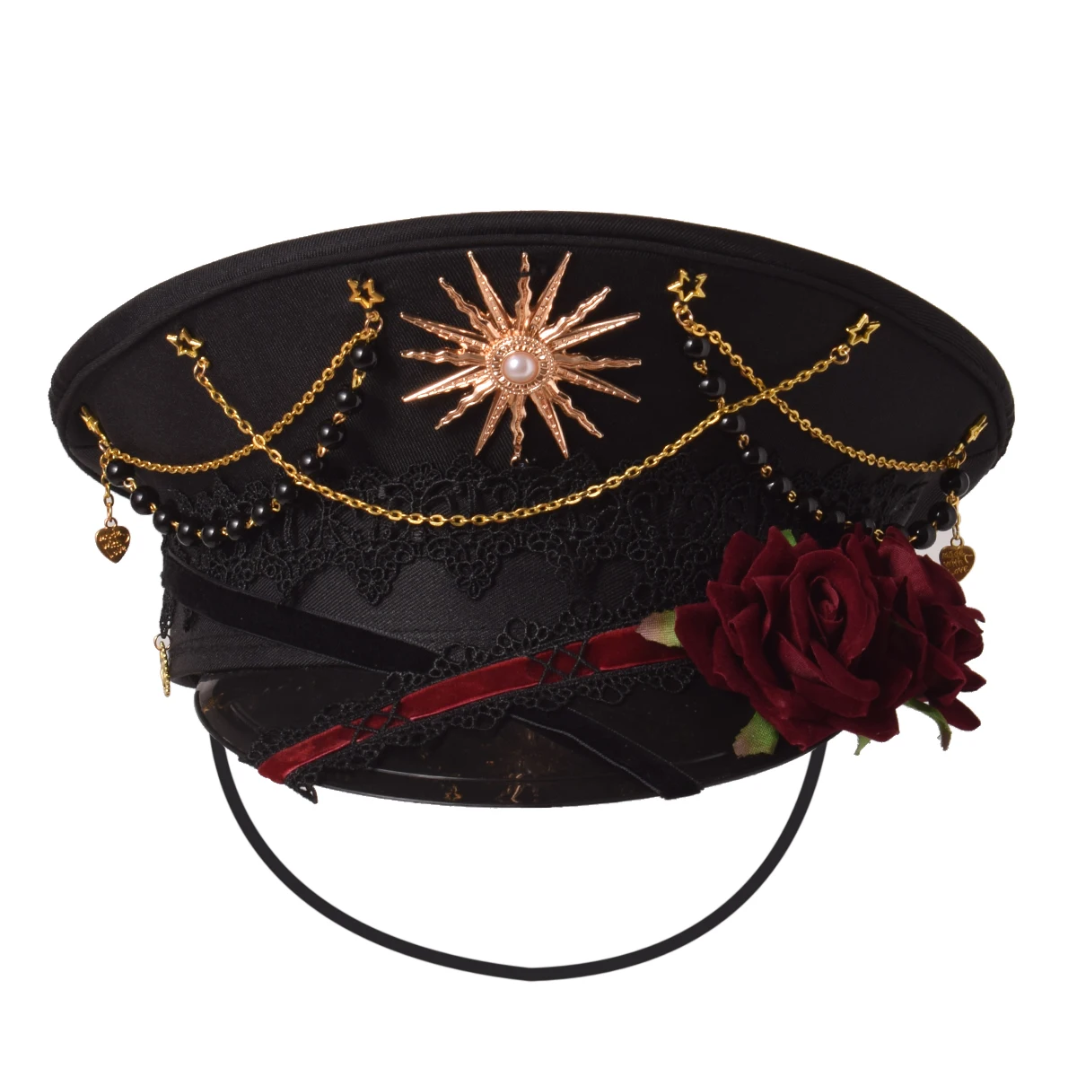Cappello militare Lolita gotico Berretto da donna Cappelli Steampunk piatti da capitano marinaio con croce nera femminile