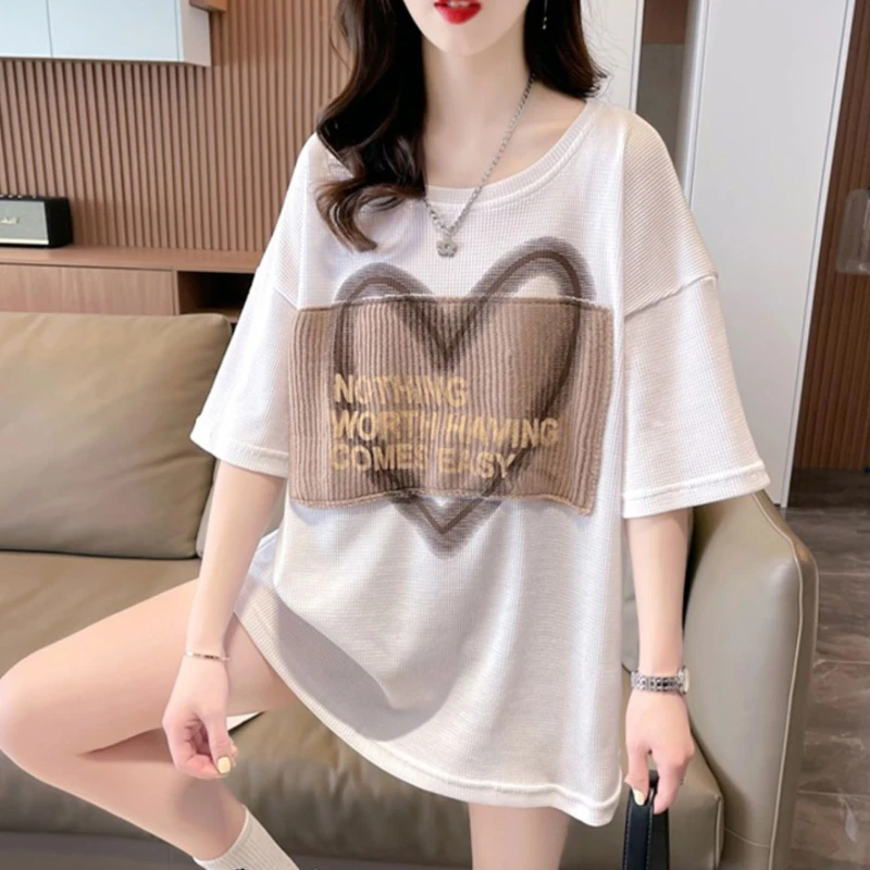 Camisetas holgadas Vintage para mujer, ropa de calle americana con cuello redondo, ropa de verano para adolescentes, Tops Y2k, nueva moda, Футlık artik Ж Salahdhe, estampado de corazón