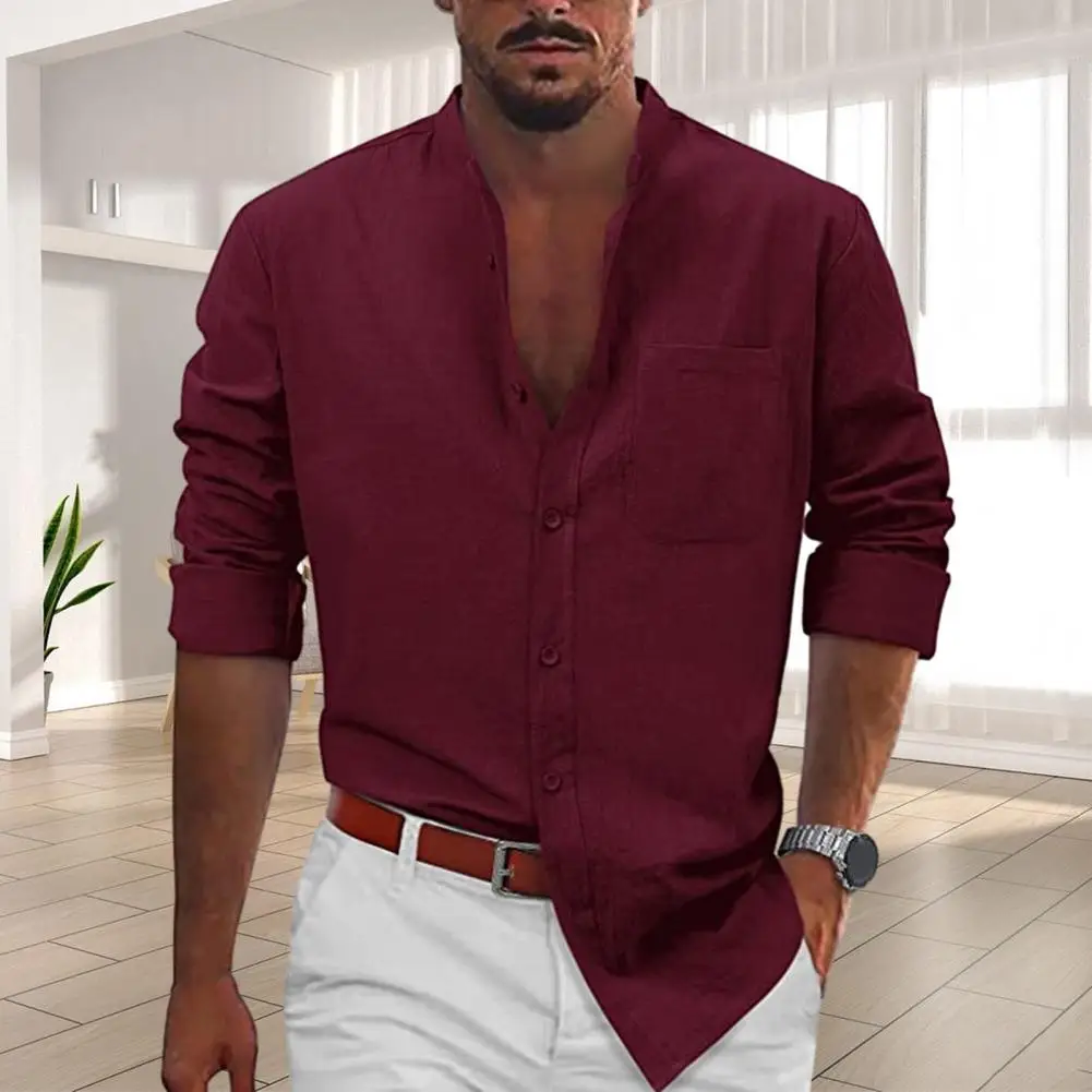 

Solid Color Men Shirt Men's Solid Color Casual Style Long Sleeve Shirt with Stand Collar Single-breasted Design for Plus