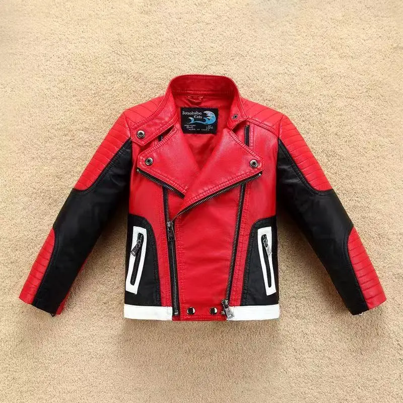 

New Boys' and Girls' Splicing Breathable Motorcycle Leather Jacket Spring and Autumn Children's Jacket 90-160cm
