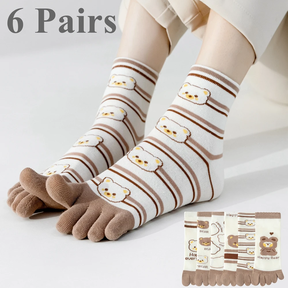 6 Pairs Bear Cute Toe Socks Women Five 5 Fingers Socks Cotton Sports Yoga Pilates Socks with Separate Fingers Kawaii