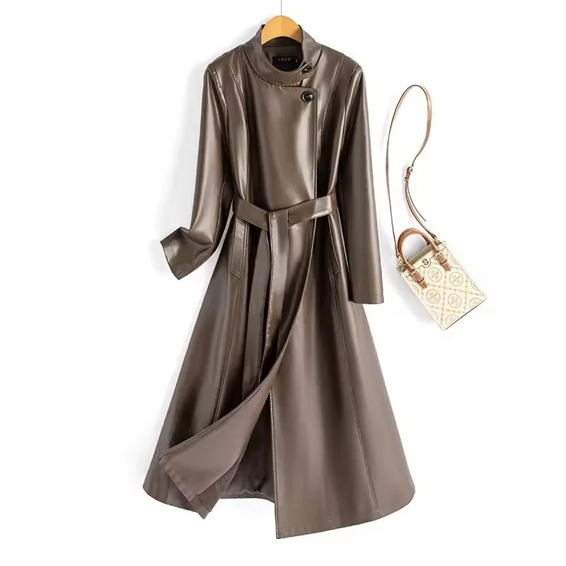 Mulheres primavera outono casaco de couro elegante moda gola manga longa x-long plutônio blusão split couro casual casaco