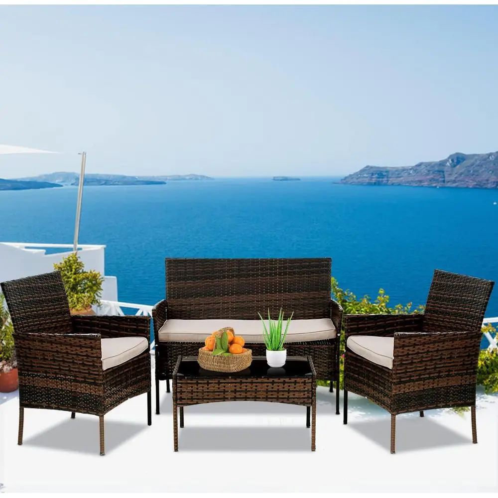 

4-Piece Black Wicker Patio Furniture Set with Cushions for Outdoor, Balcony, or Porch