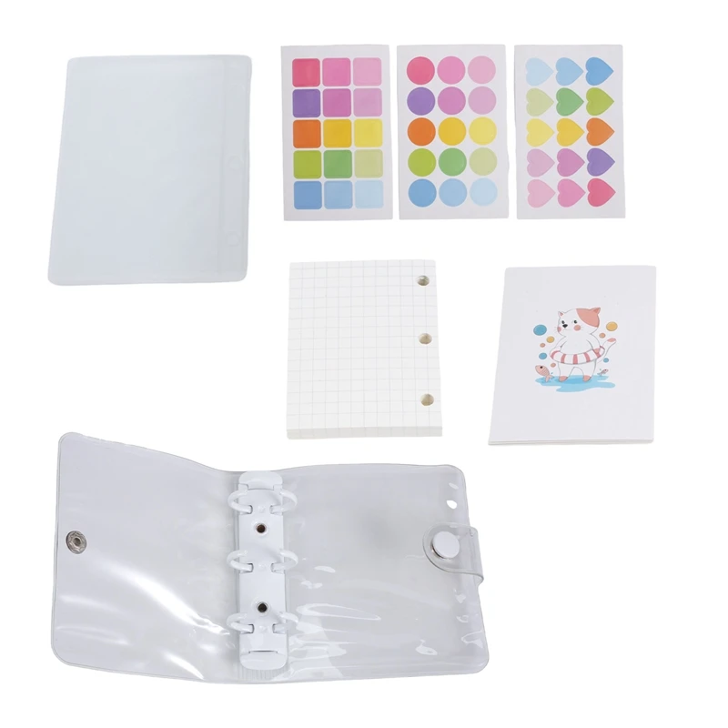 Top-Mini Binder Pockets,3-Hole Refillable Notebook Accessories Set, Transparent PVC Loose-Leaf Notebook, (White)