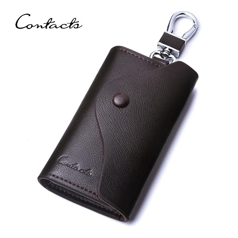 CONTACT\'S Genuine Leather Key Holder For Men Key Chain Pouch Housekeeper Small Key Case Key Purse Money Clip Men\'s Mini Pounch