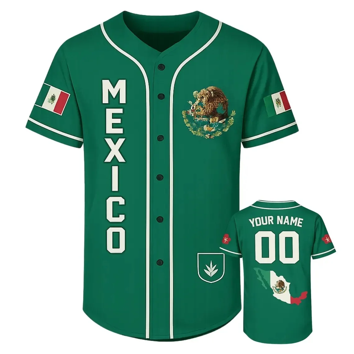 Custom Mexico Baseball Jersey– Personalized Name & Number, Green Flag Crest Map