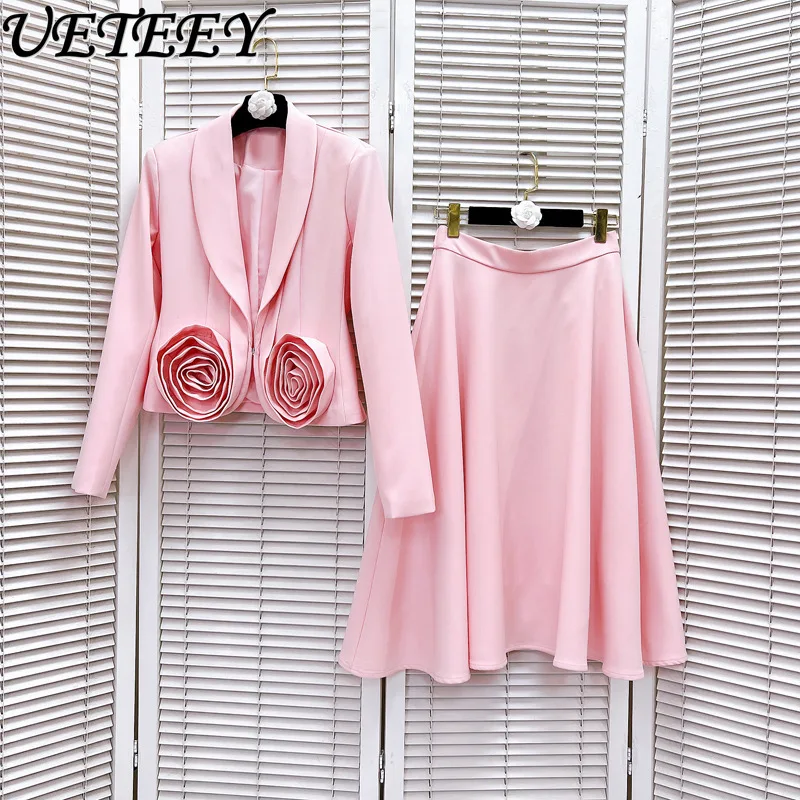 

French Minority New Deep V-neck Pink Three-Dimensional Rose Decoration Coat Top High Waist Mid-Length Skirt Set Women's Outfit