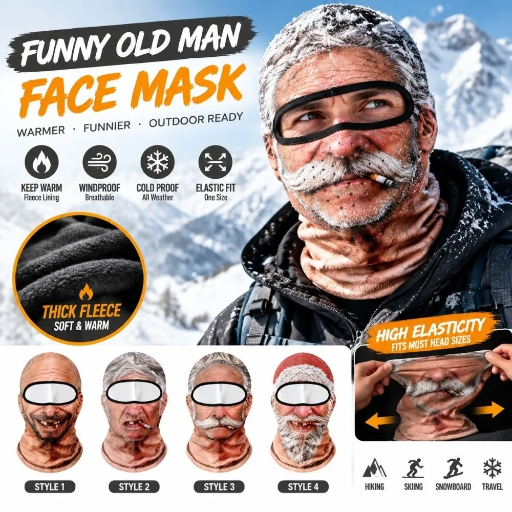 3D Printed Funny Face Balaclava 3D Face with Cigar Old Man Balaclava Windproof Breathable Mask Cover Headwear Christmas
