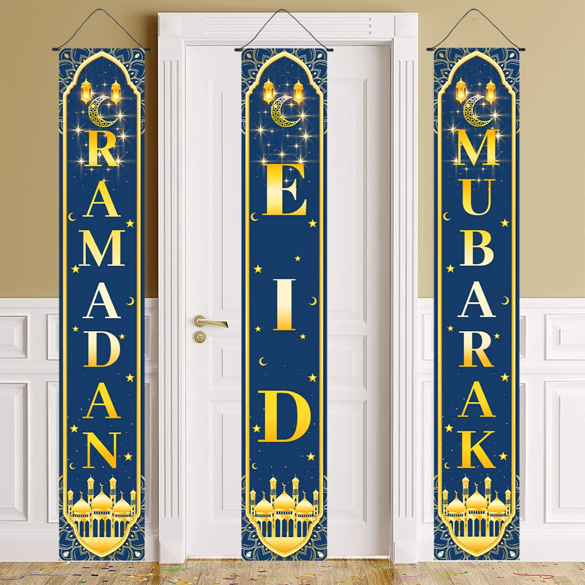 Eid Mubarak Door Hanging Banner Ramadan Couplets for Garden Outdoor Hanging Ornaments Ramadan Kareem Islamic 2025 Eid Decoration