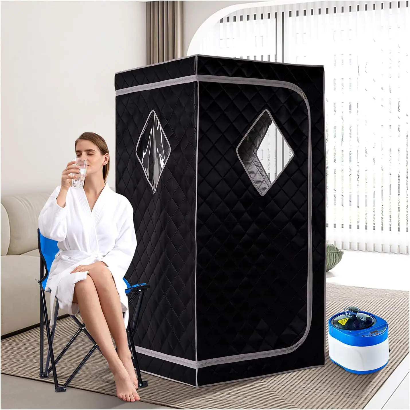 

Full Size Portable Steam Sauna, Personal Home Spa, 1500 Watt 4 Liter Steamer with Remote Control, Timer, Foldable Chair