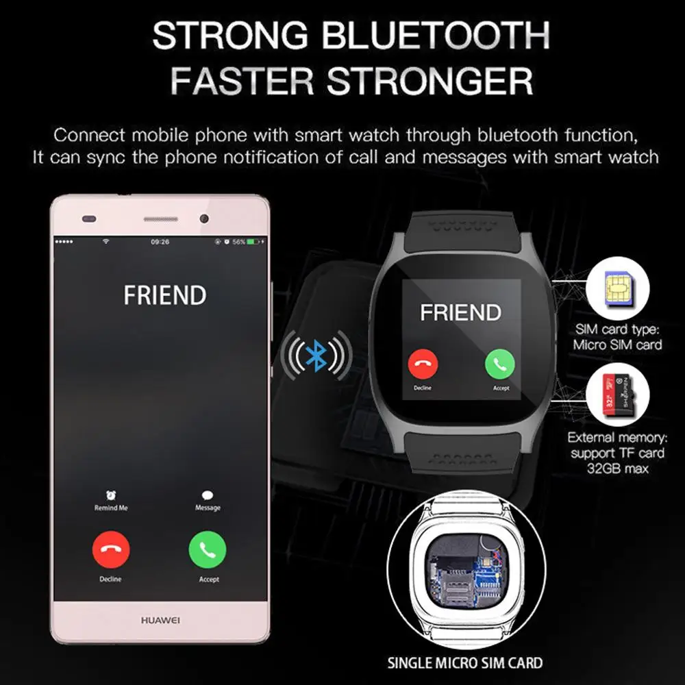 Smart Watch T8 Bluetooth With Camera Support SIM TF Card Pedometer Men Women Call Sport Smartwatch For Android Phone PK Q18 DZ09